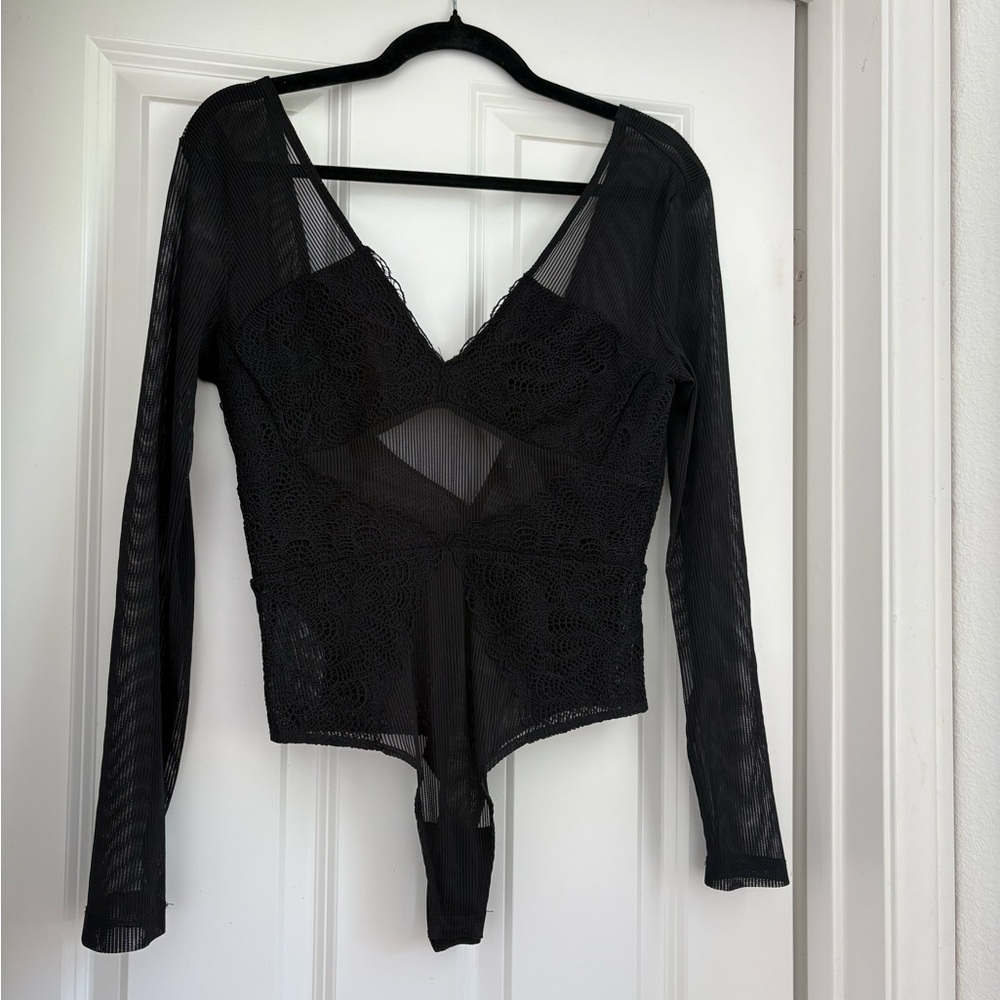 BCBGMaxAzria Black Lace & Mesh Long-Sleeve Bodysuit